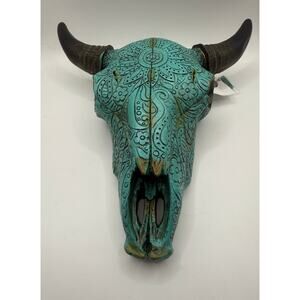 DE LEON Resin Turquoise Floral Tribal Carved Skull